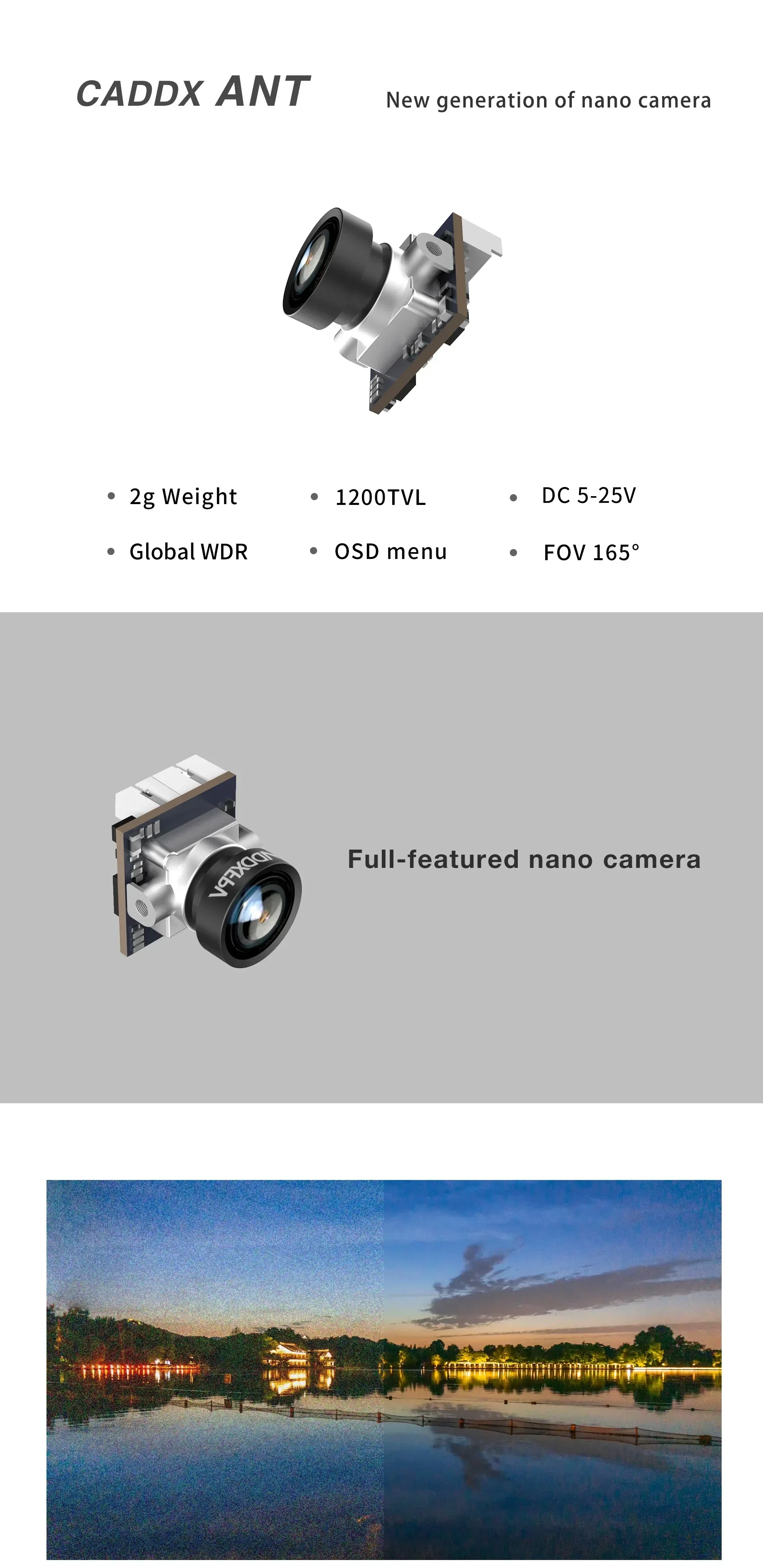 DarwinFPV Caddx Ant micro analog FPV camera with 1200TVL, 165° FOV, global WDR and 5–25V input