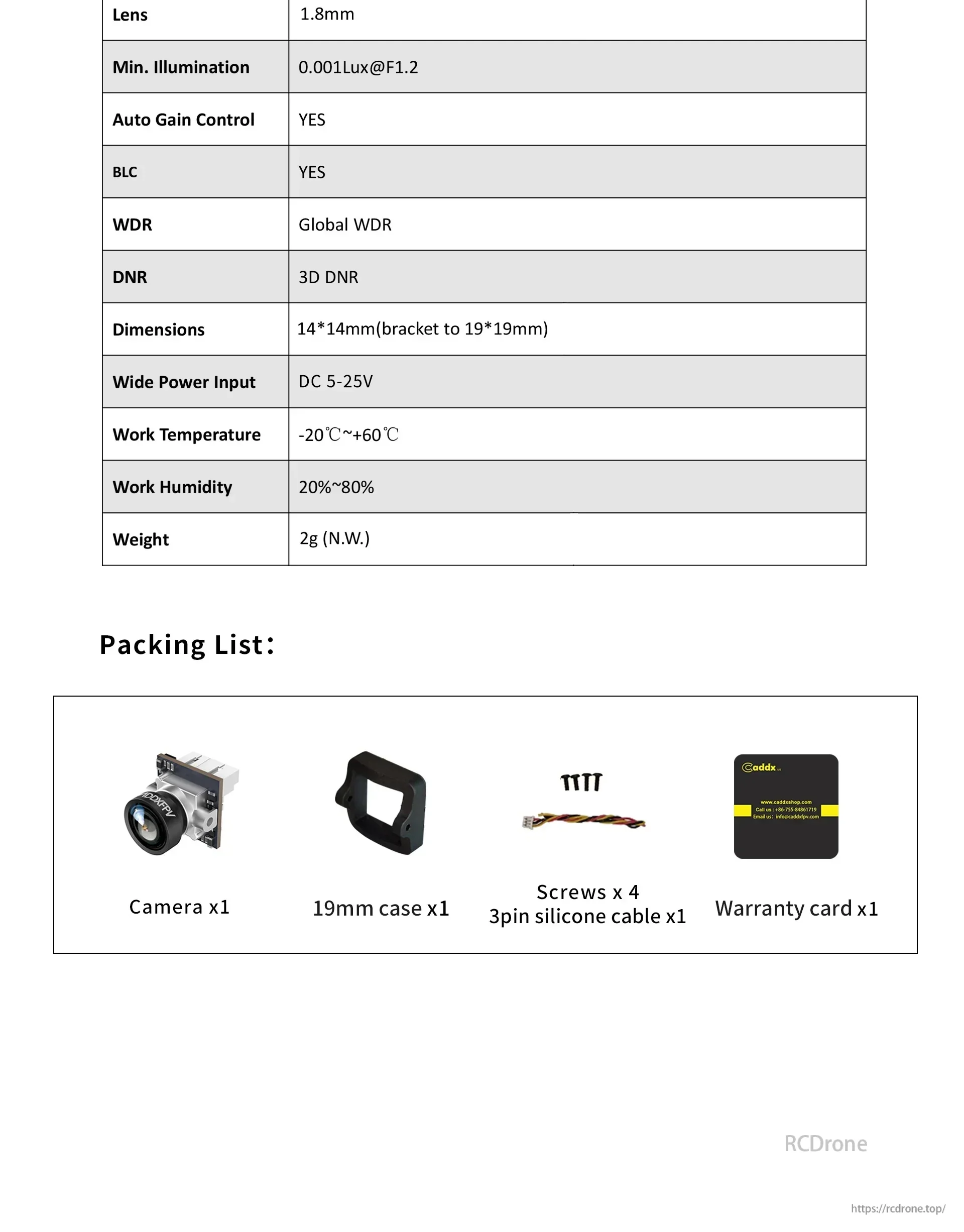 Caddx Ant specifications table and packing list showing camera, 19mm case, screws, 3-pin silicone cable and warranty card