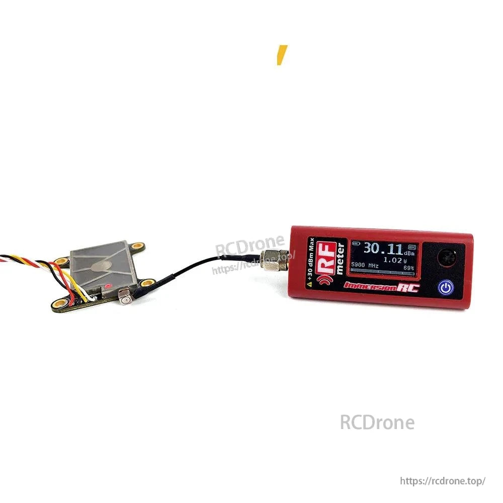 VTX connected to RF power meter for bench test, showing live readout on the display