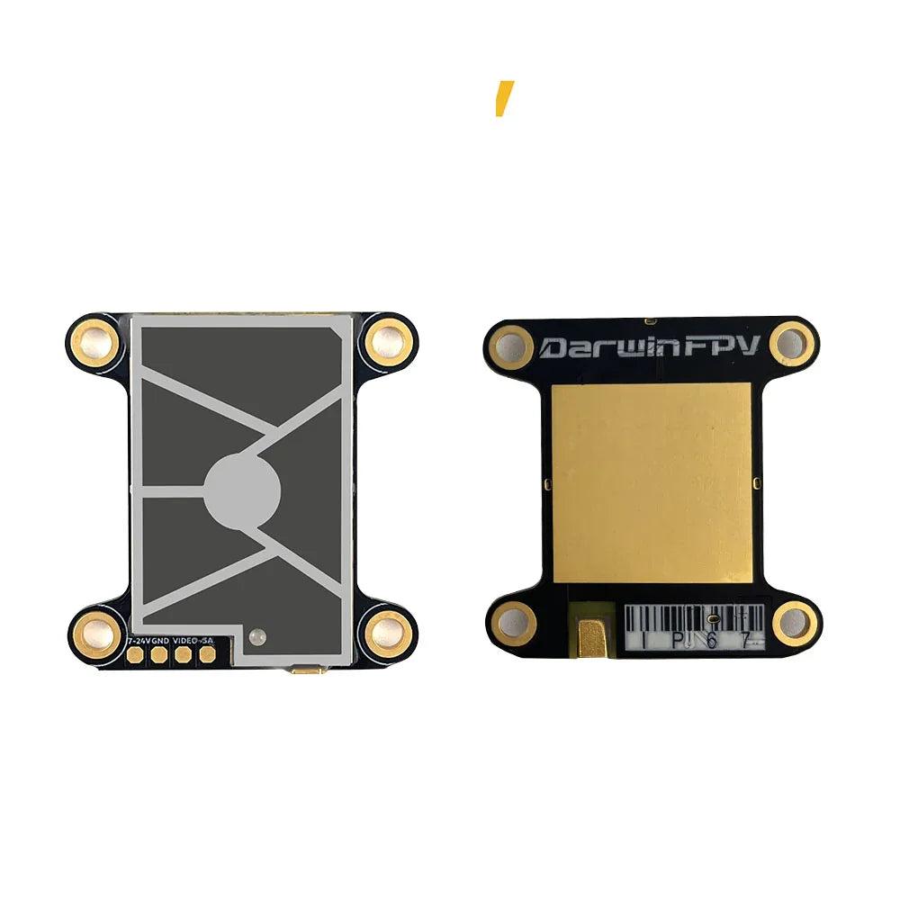DarwinFPV Cement VTX front and rear view showing gold heat spreader and DarwinFPV logo