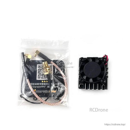 Package contents: DarwinFPV Cement VTX module with fan, MMCX antenna pigtail, hardware in bag