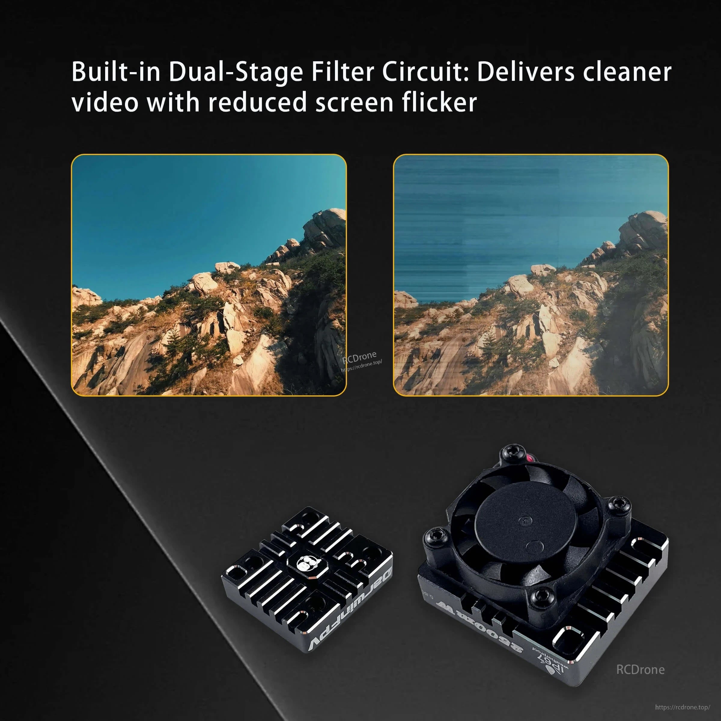 Dual-stage filter circuit benefit illustration for cleaner FPV video with reduced screen flicker