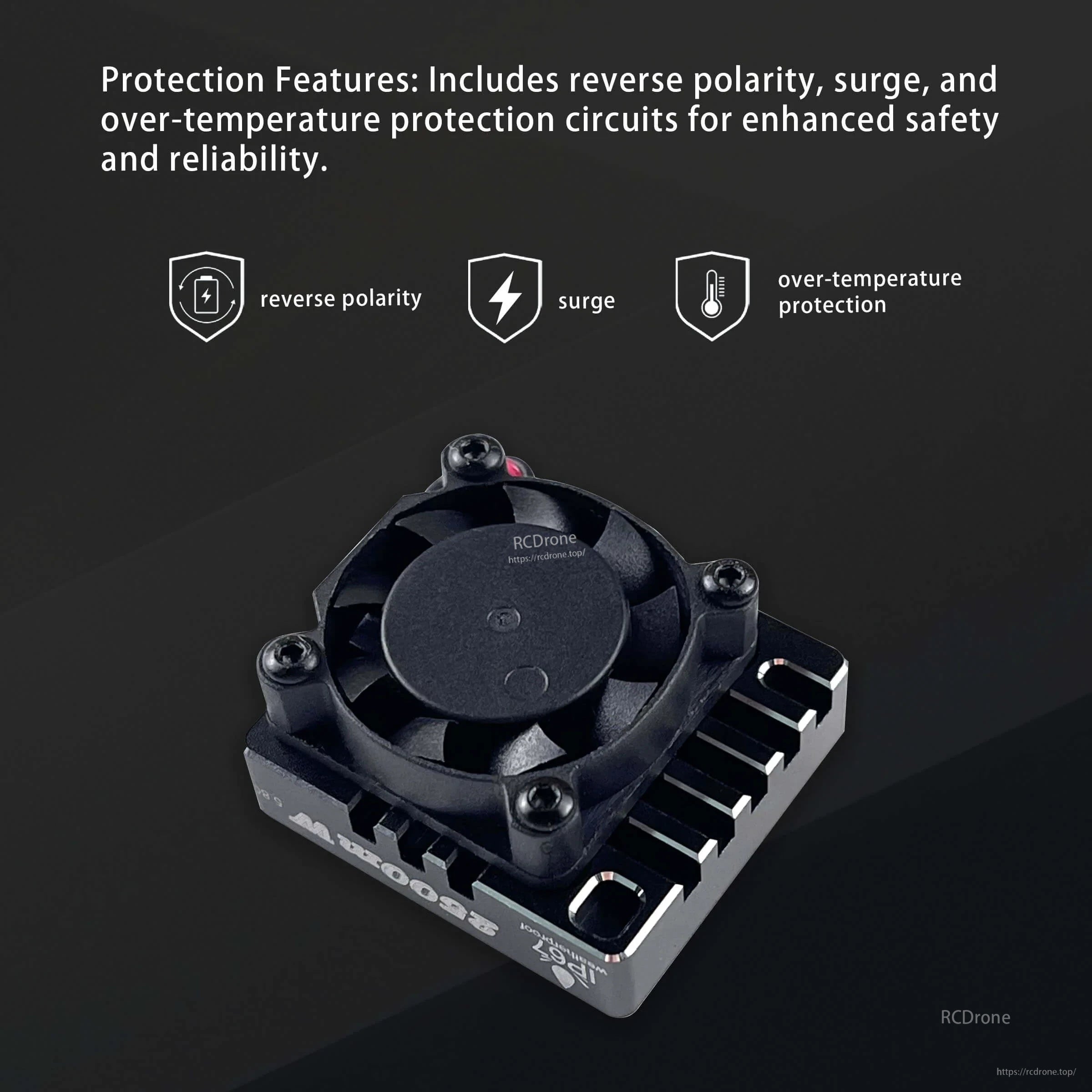Reverse polarity, surge, and over-temperature protection features on the Cement 5.8G VTX