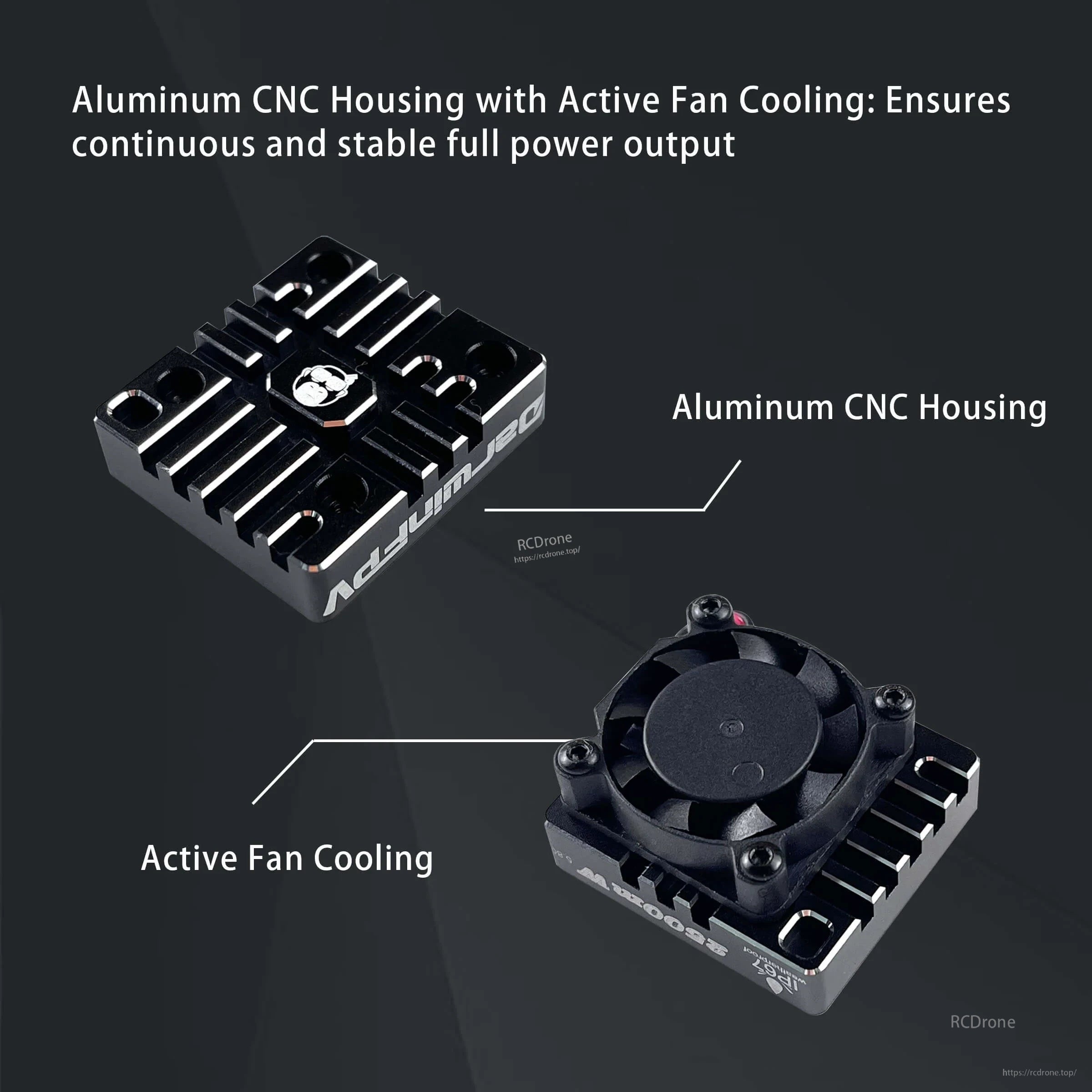 Aluminum CNC housing and active fan cooling layout on the DarwinFPV Cement 5.8G 2.5W VTX