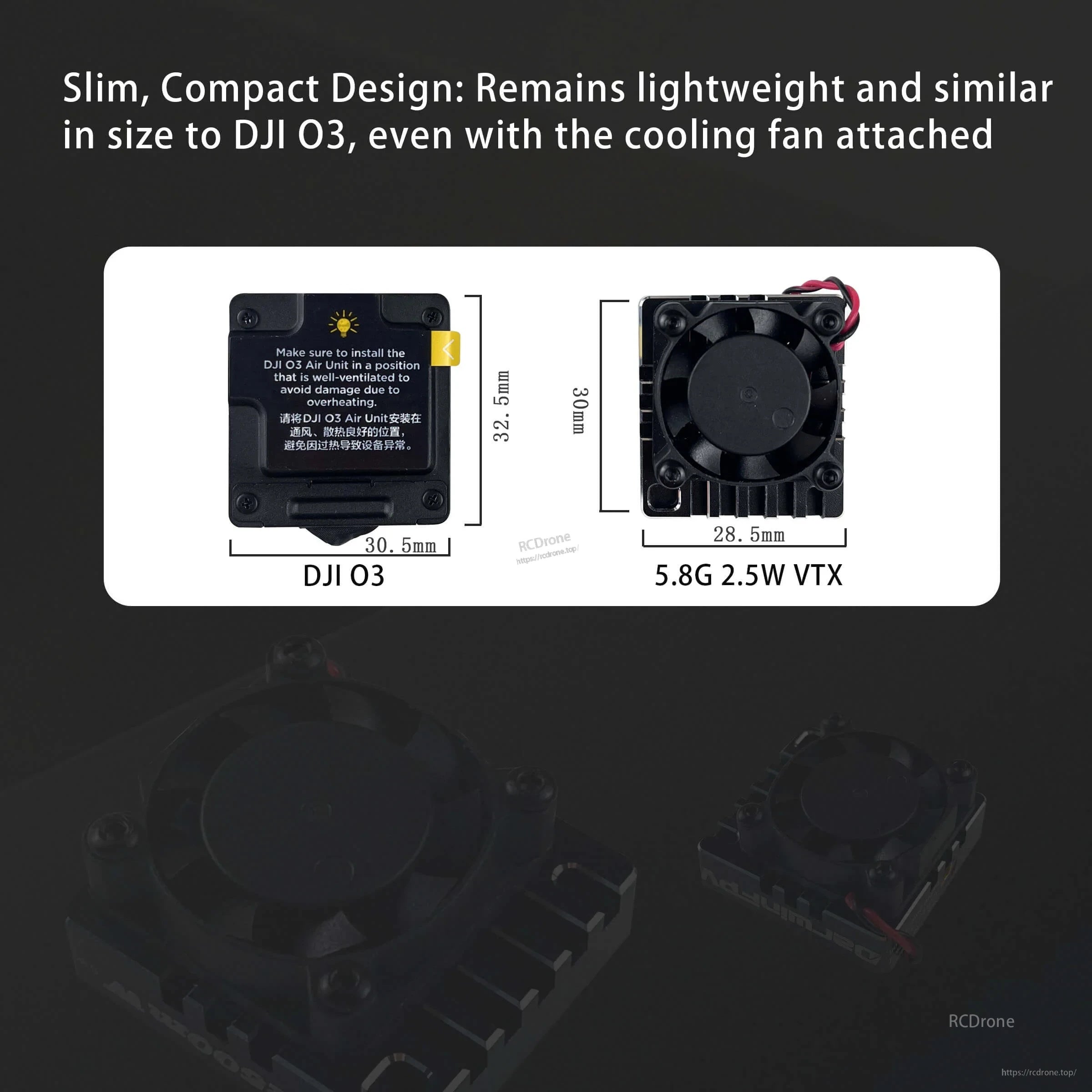 Size comparison: DarwinFPV Cement 5.8G 2.5W VTX dimensions versus DJI O3 unit