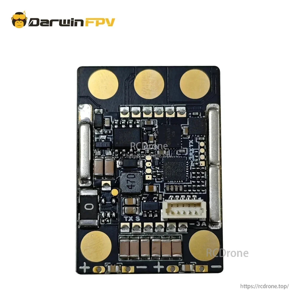 ESC board close-up with large battery pads, MOSFET area, and white signal connector at bottom right