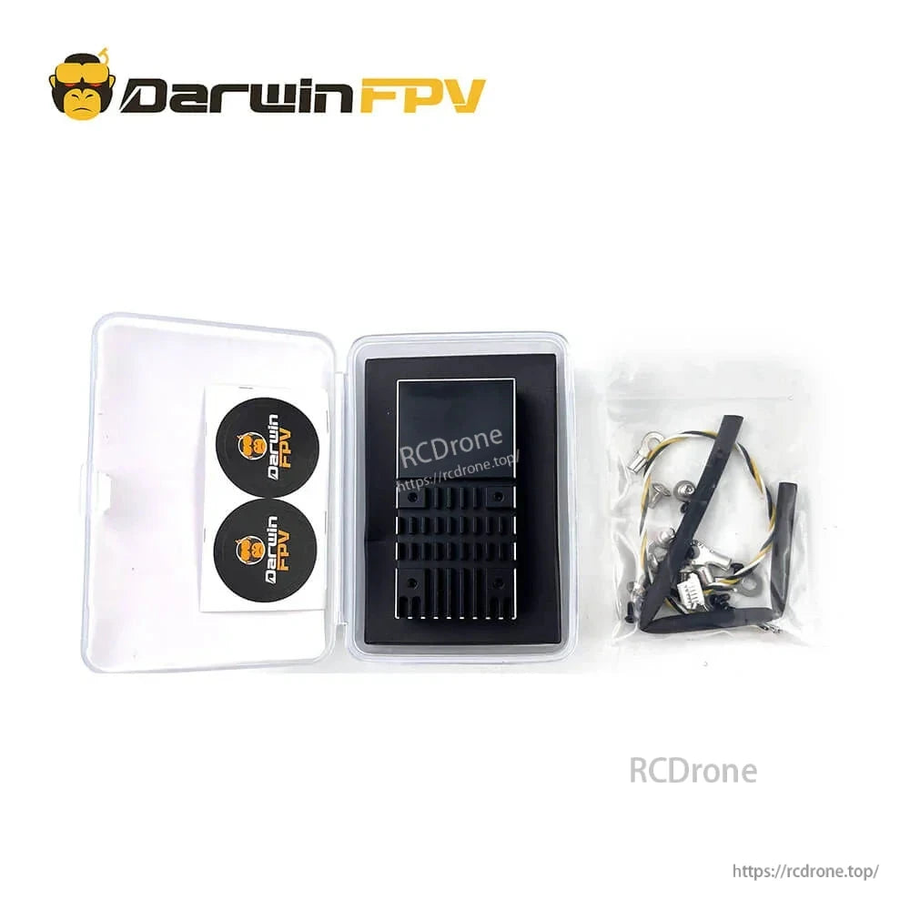 Package contents: ESC in plastic case, DarwinFPV stickers, and bag of mounting screws and wires