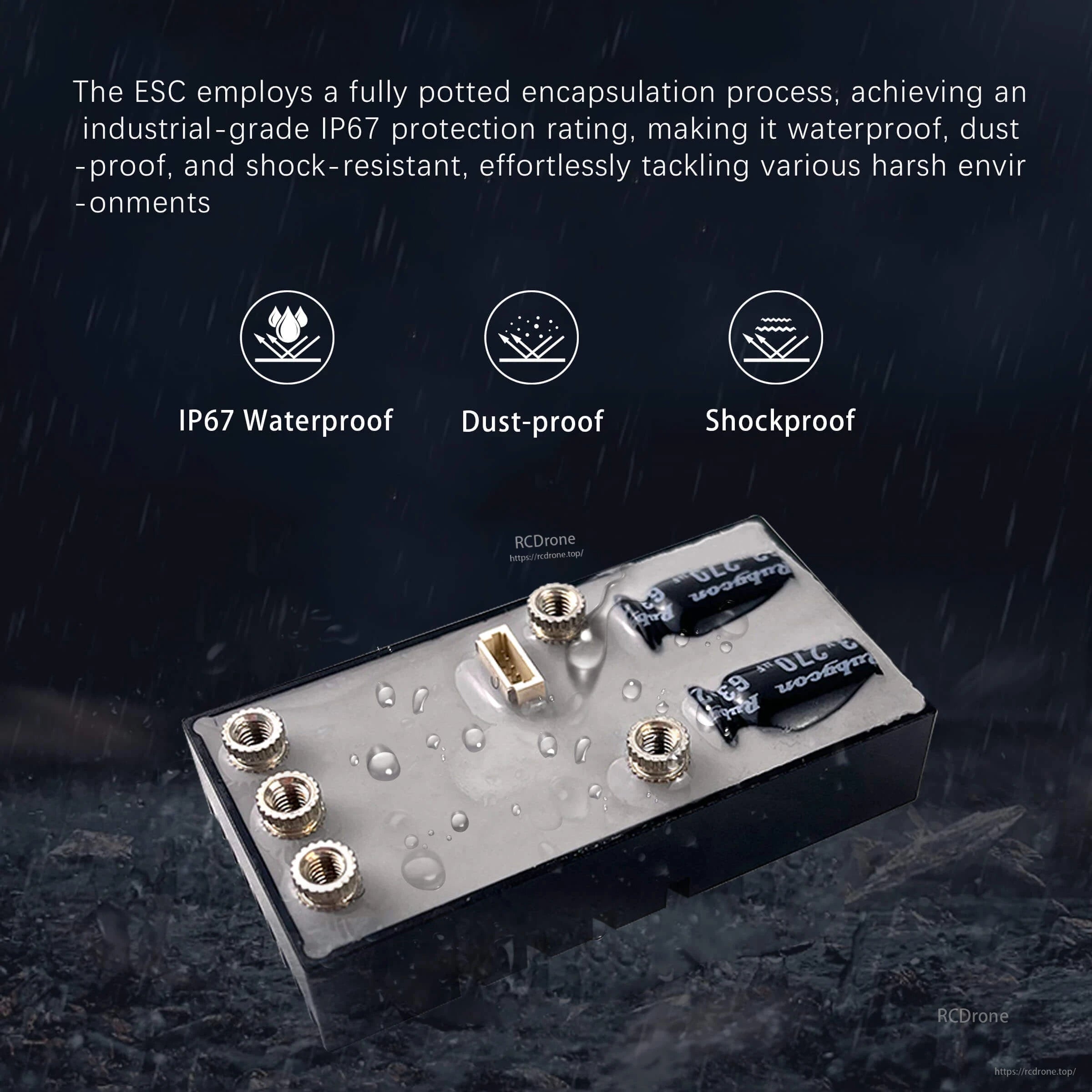DarwinFPV Cement 80A waterproof ESC with fully potted IP67 encapsulation, showing water, dust-proof and shockproof icons