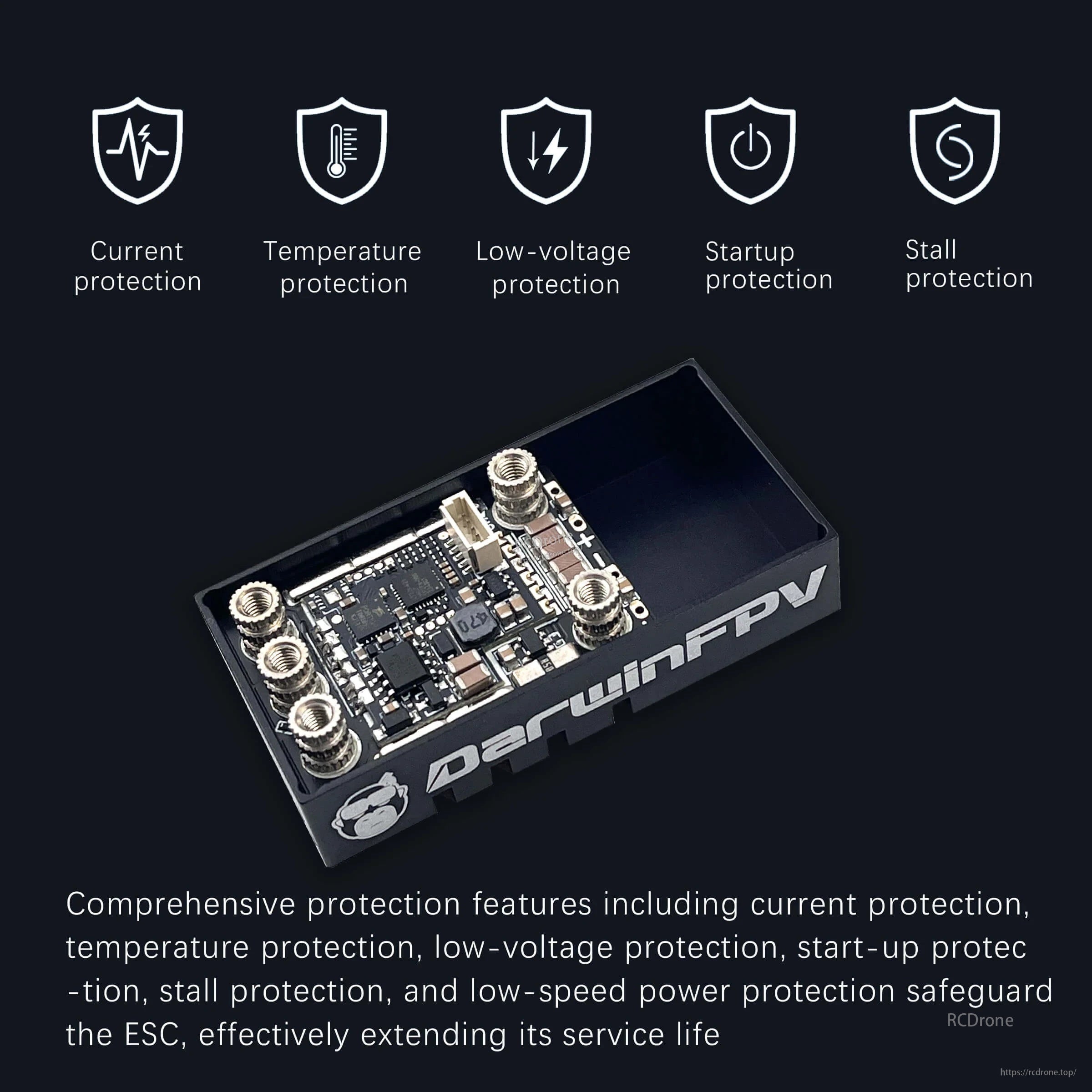 DarwinFPV Cement ESC board with icons for current, temperature, low-voltage, startup and stall protection features