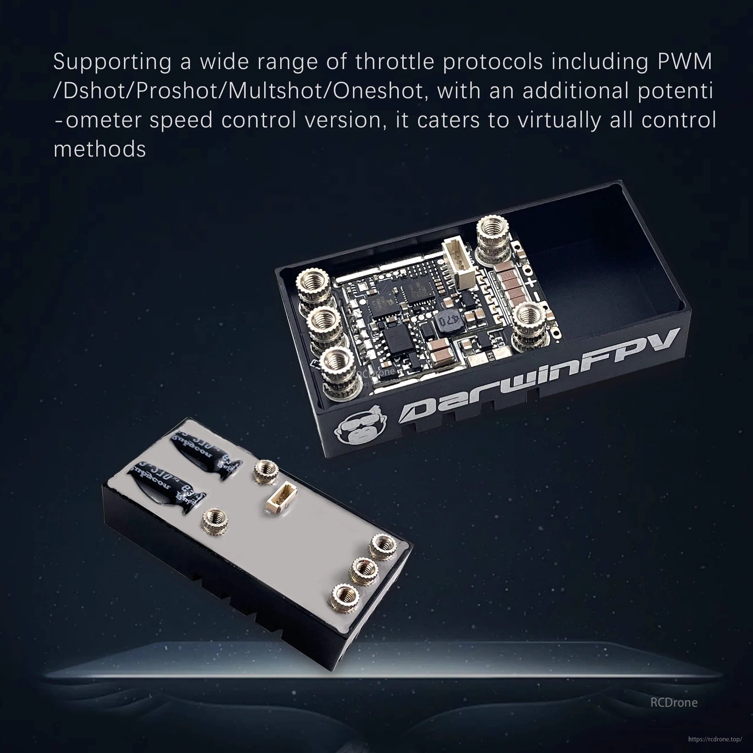DarwinFPV Cement ESC front and back views with text listing throttle protocol support: PWM, DShot, Proshot, Multishot and Oneshot