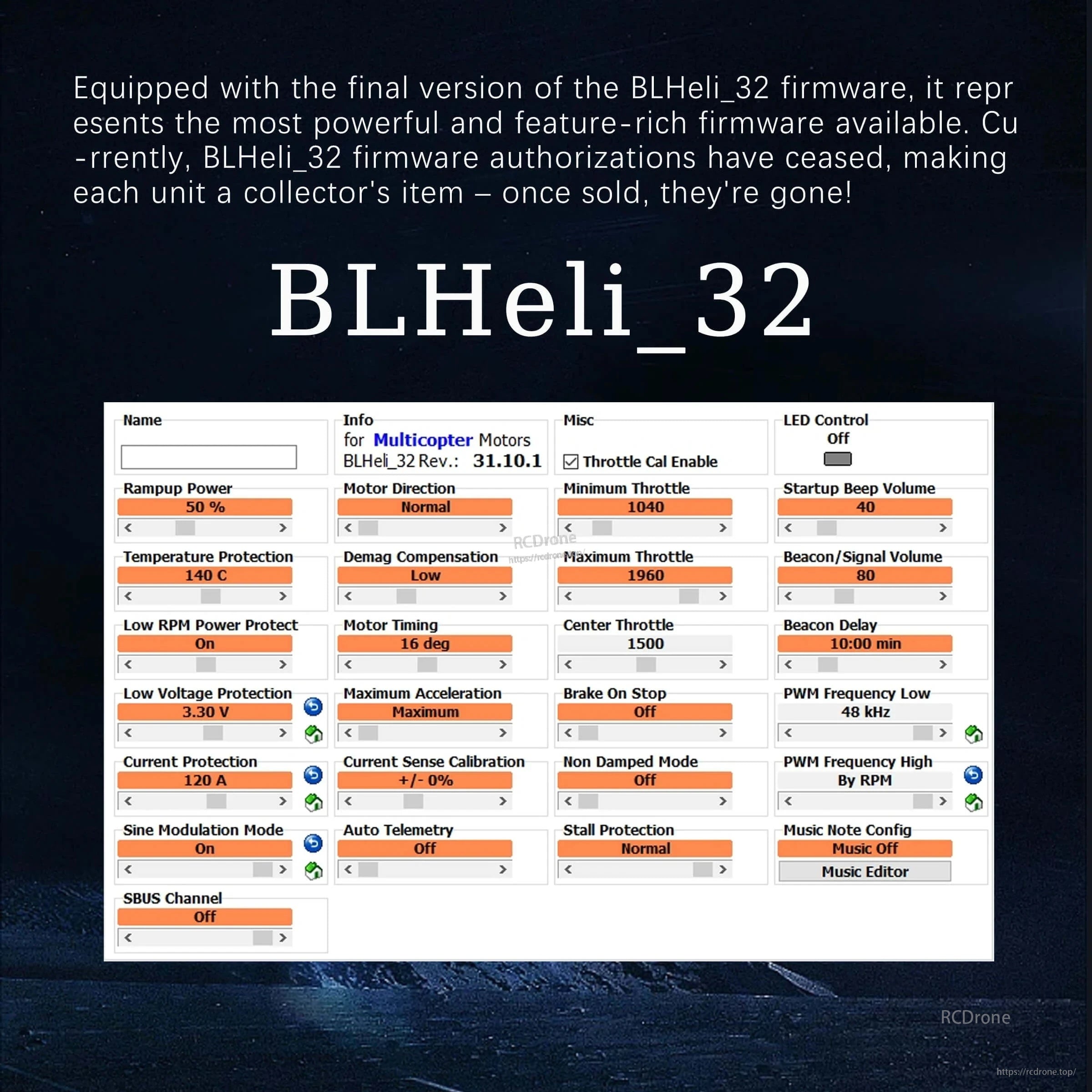 BLHeli_32 settings screen for the DarwinFPV Cement Ultra-Durable 80A Waterproof ESC, showing configurable protection and motor options