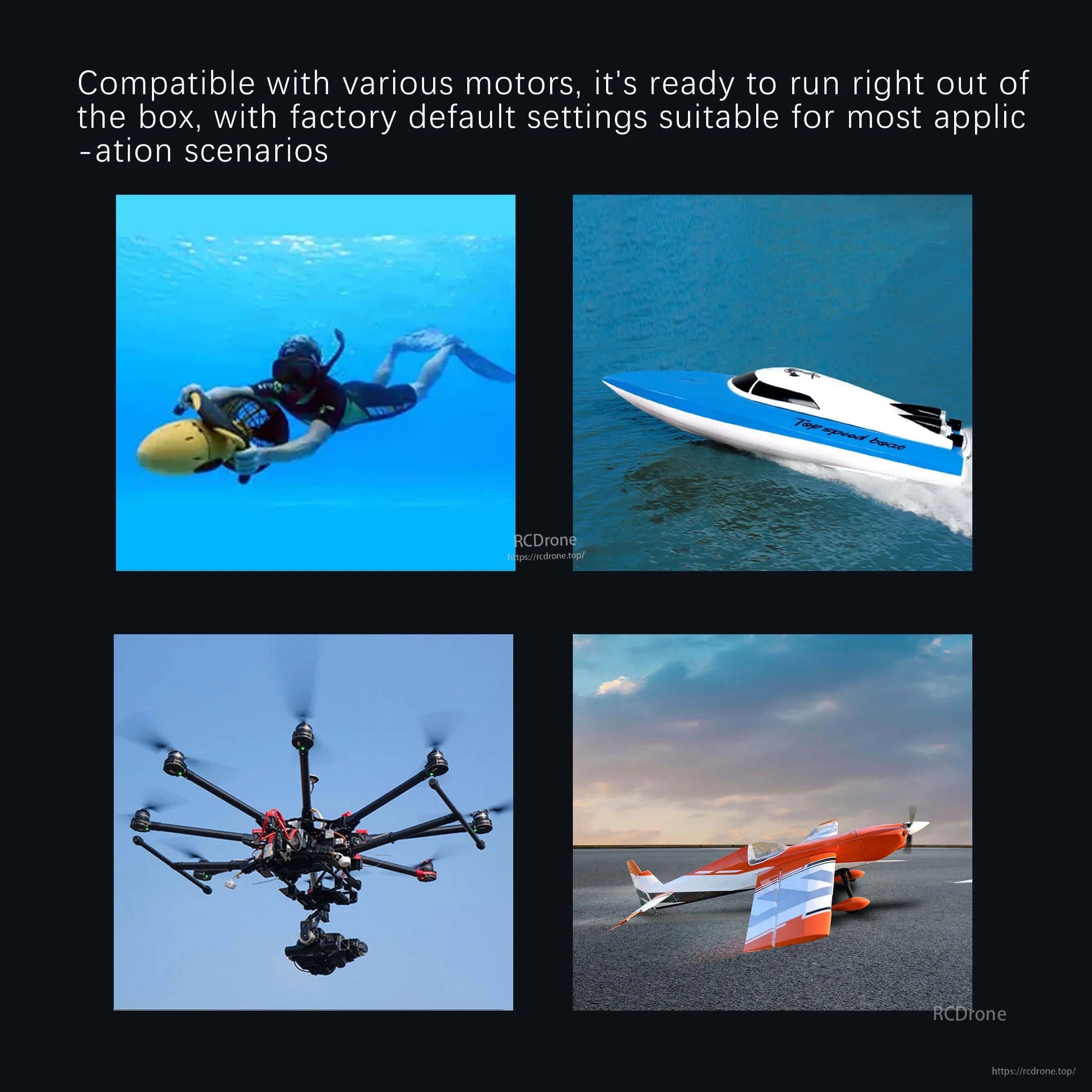 Application collage for the ESC: underwater scooter, RC boat, multirotor drone and fixed-wing aircraft