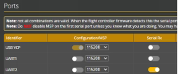 Betaflight Ports tab screenshot enabling UART Serial RX for the receiver connection