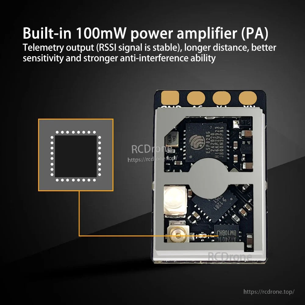 DarwinFPV Cement ELRS 2.4G receiver board highlighting built-in 100mW power amplifier (PA) area