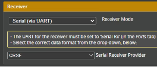 Betaflight Receiver settings selecting Serial (via UART) and CRSF as the serial receiver provider