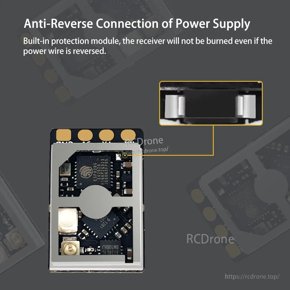 Close-up of receiver PCB highlighting anti-reverse power connection protection module