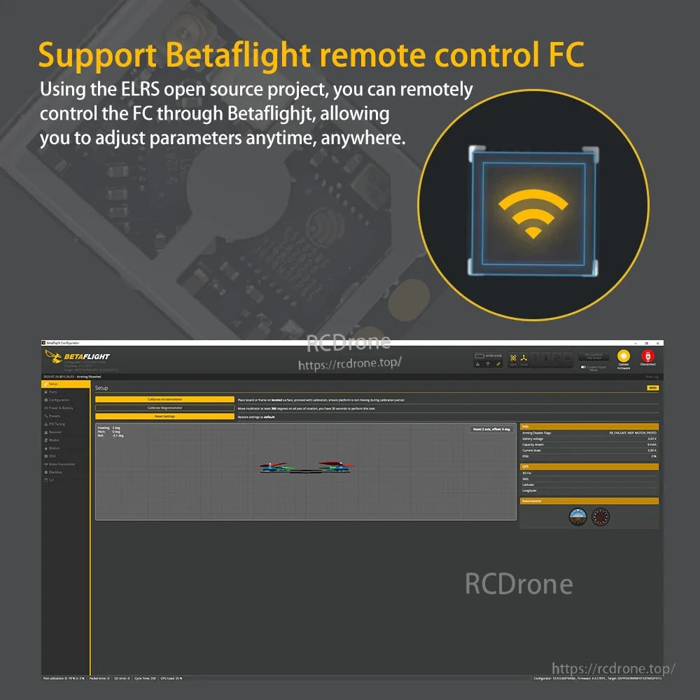Betaflight remote control support graphic for ELRS receiver, enabling flight controller parameter tuning