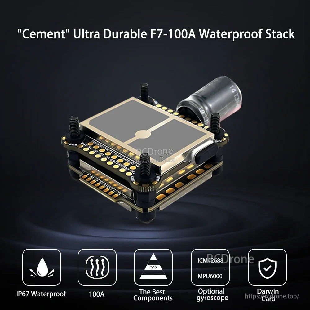 DarwinFPV Cement ultra durable waterproof stack with F7 flight controller and 100A 4-in-1 ESC (30.5x30.5mm)
