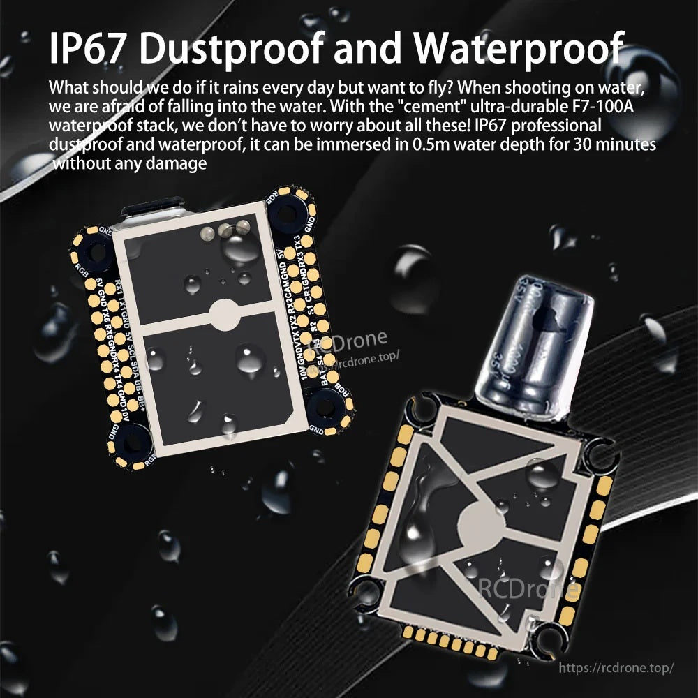 IP67 dustproof and waterproof rating graphic for DarwinFPV Cement F7 100A stack, water immersion protection callout