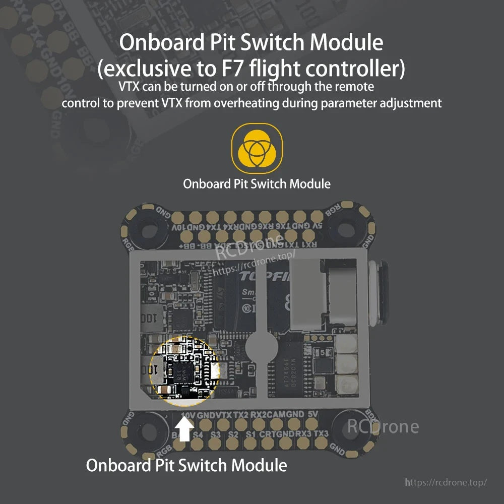 Onboard pit switch module location on DarwinFPV Cement F7 flight controller for remote VTX on/off control