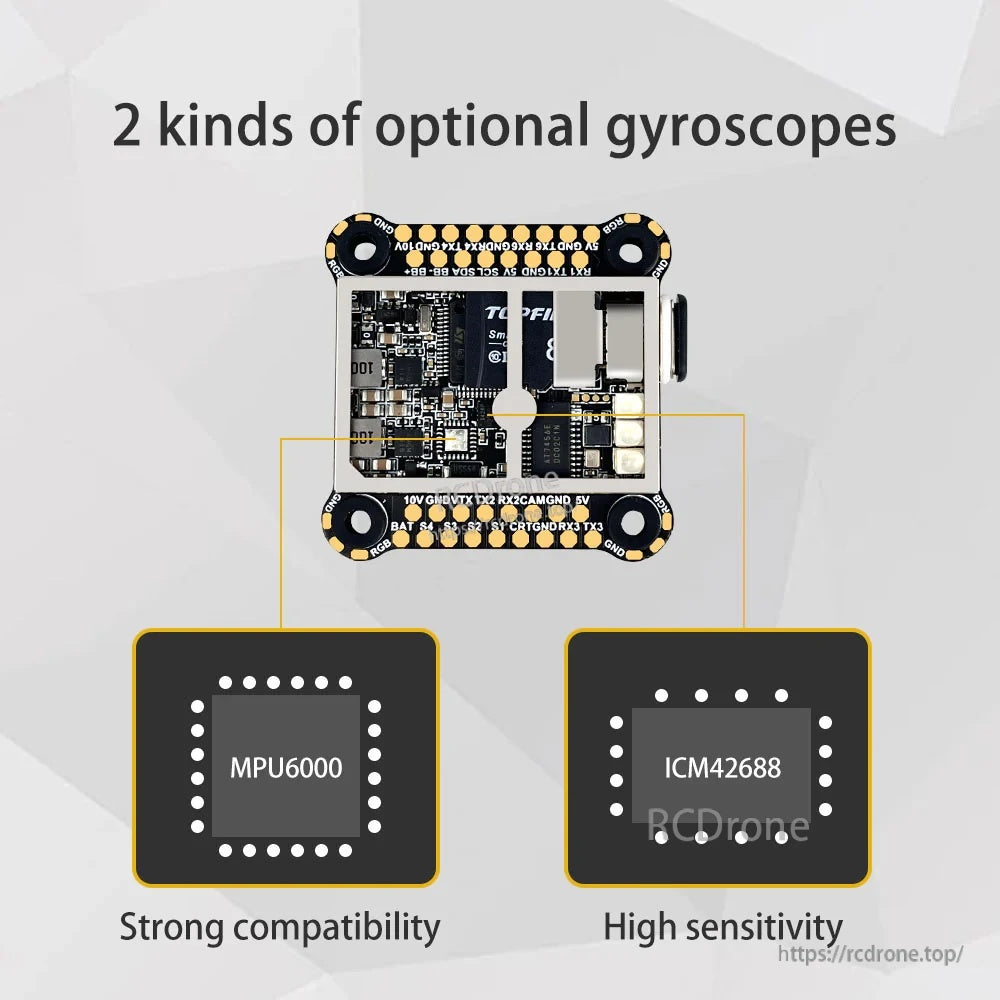 Optional gyro choices graphic showing MPU6000 and ICM42688 options on the DarwinFPV Cement flight controller