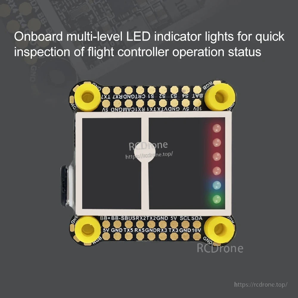 Multi-level LED status indicator strip on the flight controller for quick operation and setup checks