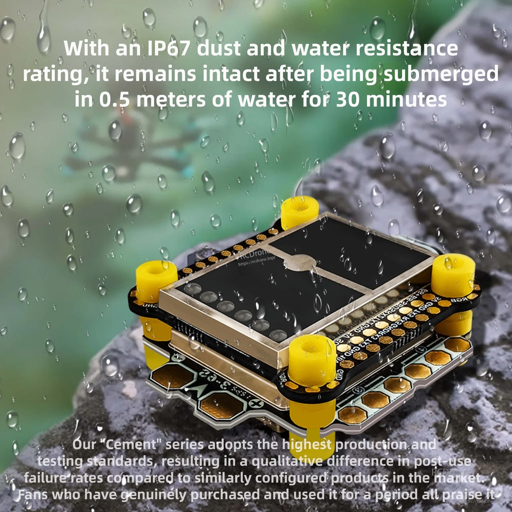 IP67-rated DarwinFPV Cement stack water and dust resistance graphic (0.5 m submersion for 30 minutes)