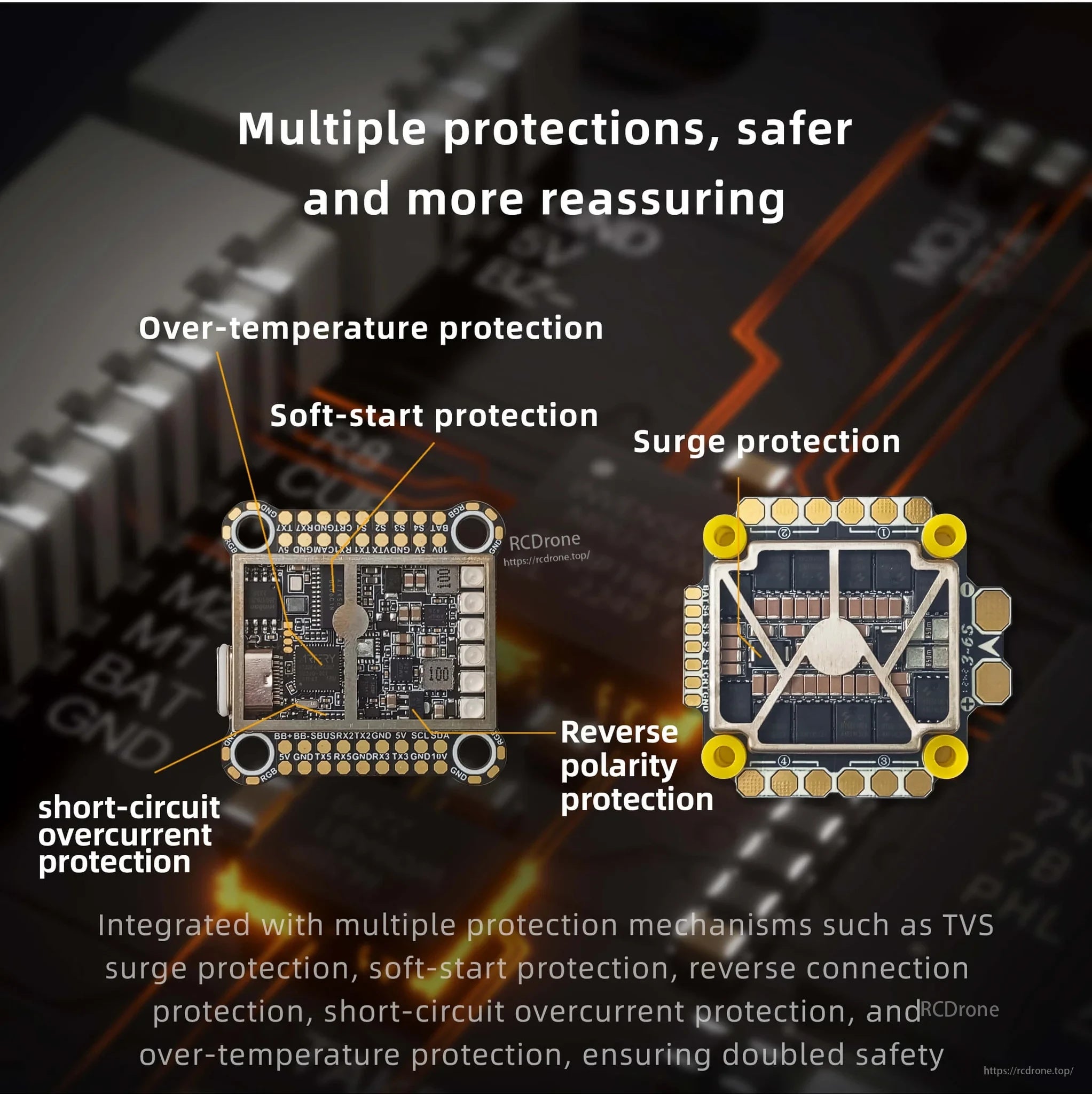 Protection features on DarwinFPV stack: surge/TVS, soft-start, reverse polarity, over-temp and overcurrent