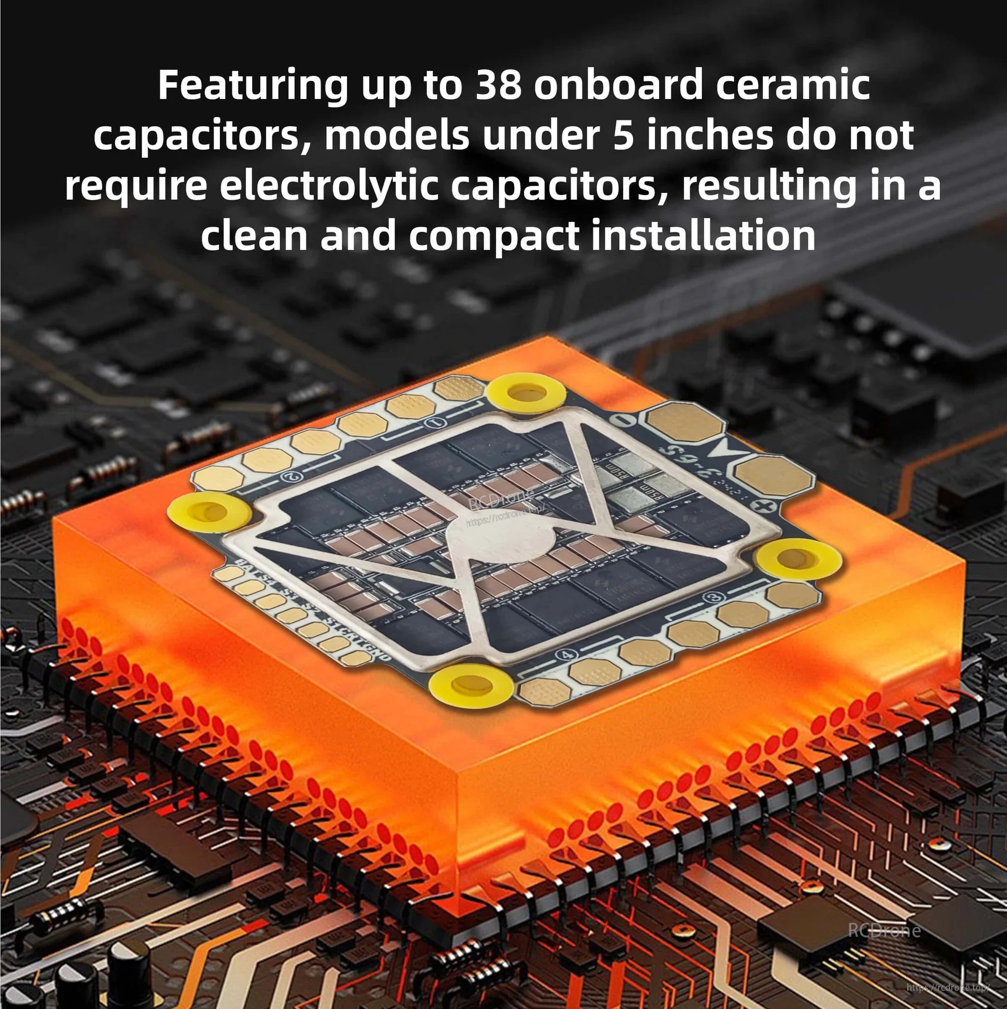 ESC board highlight showing up to 38 onboard ceramic capacitors for compact installation (per product info)