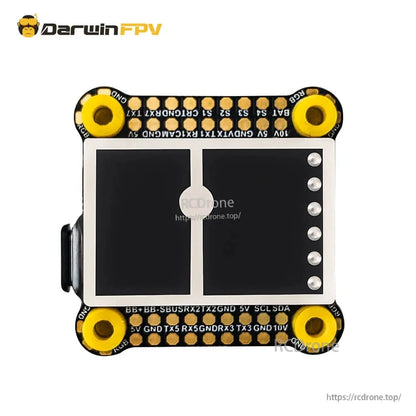 Top view with labeled pads and ports on DarwinFPV Cement stack, showing RX/TX, GND, 5V and BAT