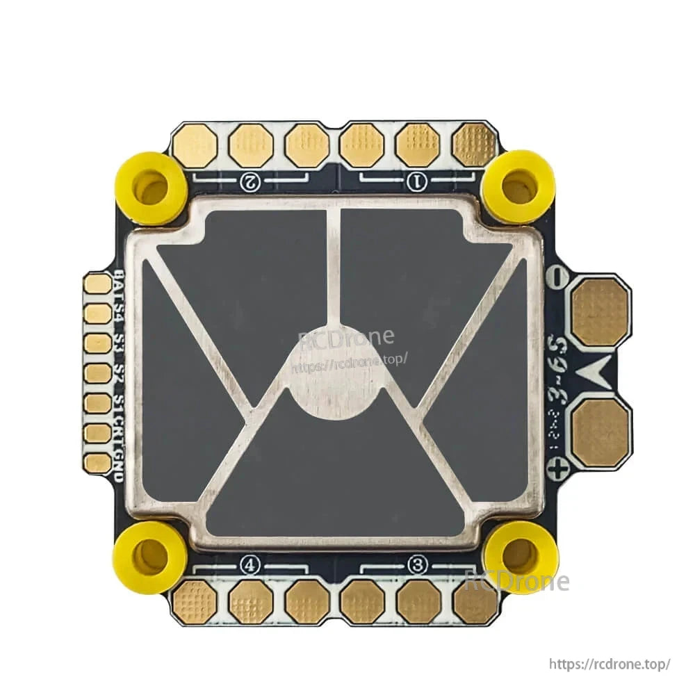 Top-down view of FC with protective metal shield plate and four mounting holes
