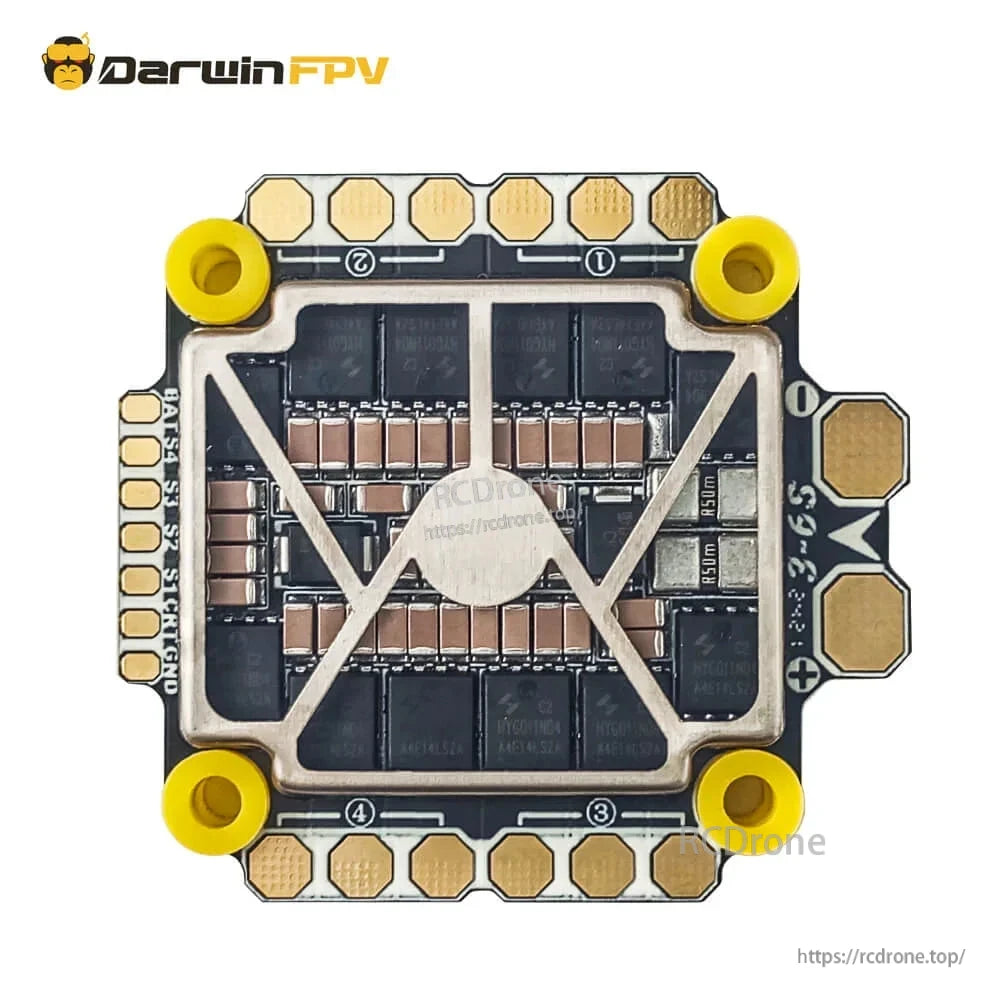 Bottom view of 60A ESC board showing MOSFET layout and power component array under brace