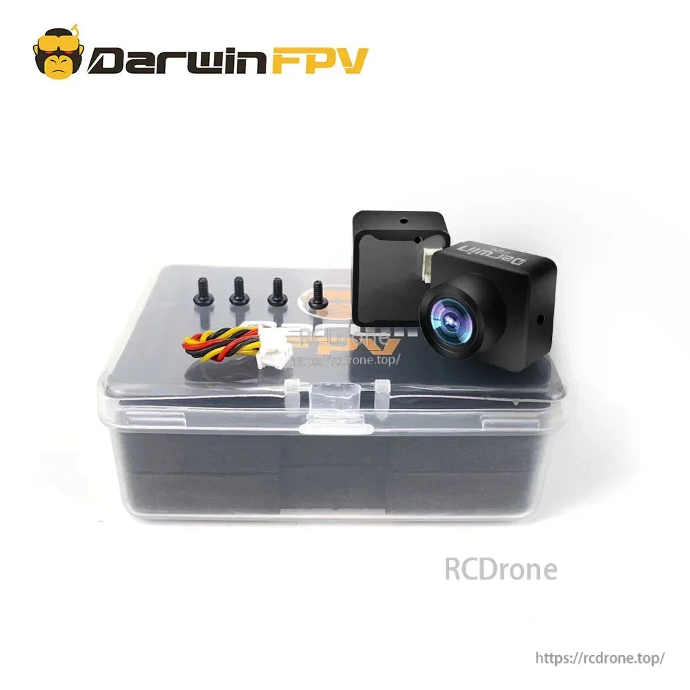 FPV camera package shown on clear plastic case with screws, wire lead, and rear cover
