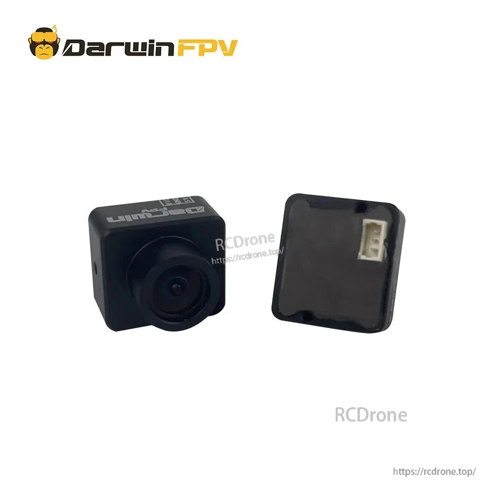 FPV camera front view plus rear view showing connector port on back panel
