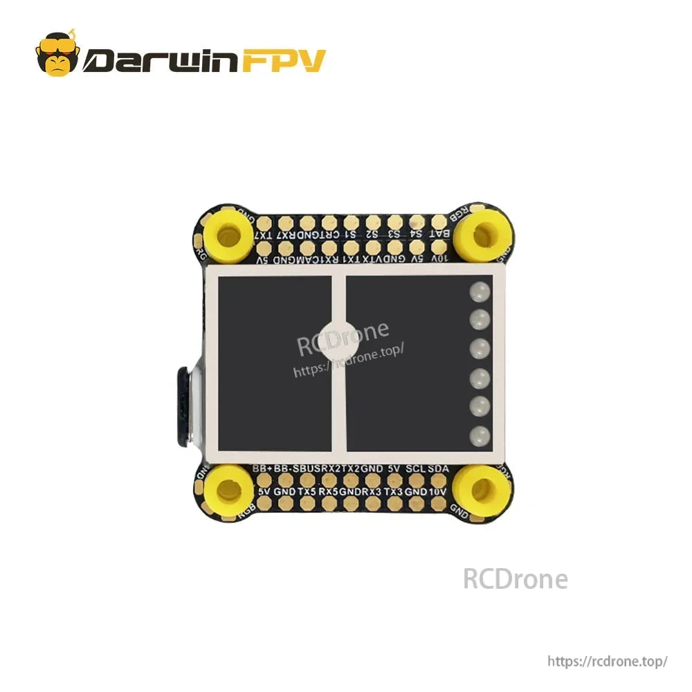 Stack top plate view with soft mounting grommets and edge pad labels for signal and power