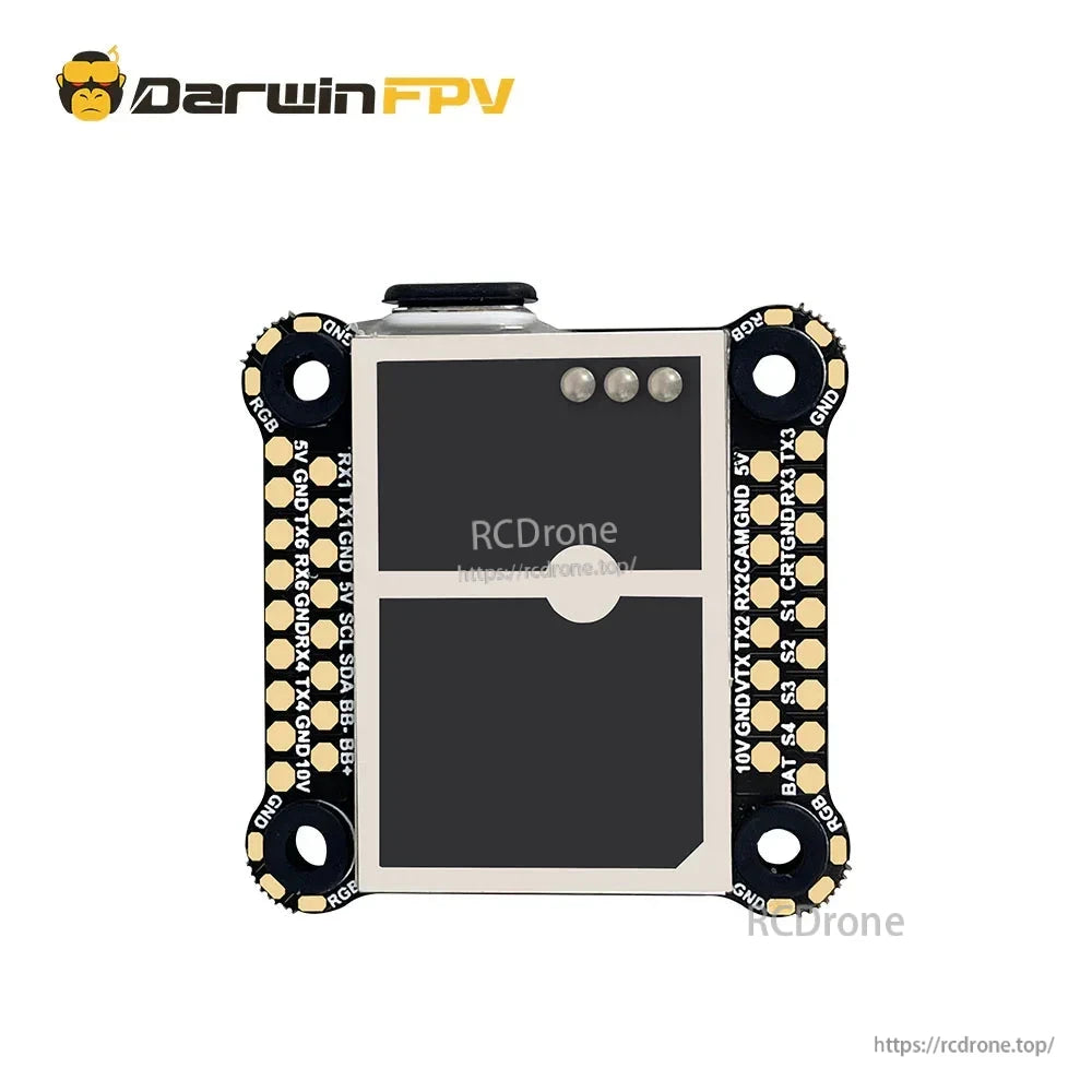 Flight controller pad layout close-up with labeled solder pads and 30.5x30.5mm mounting holes