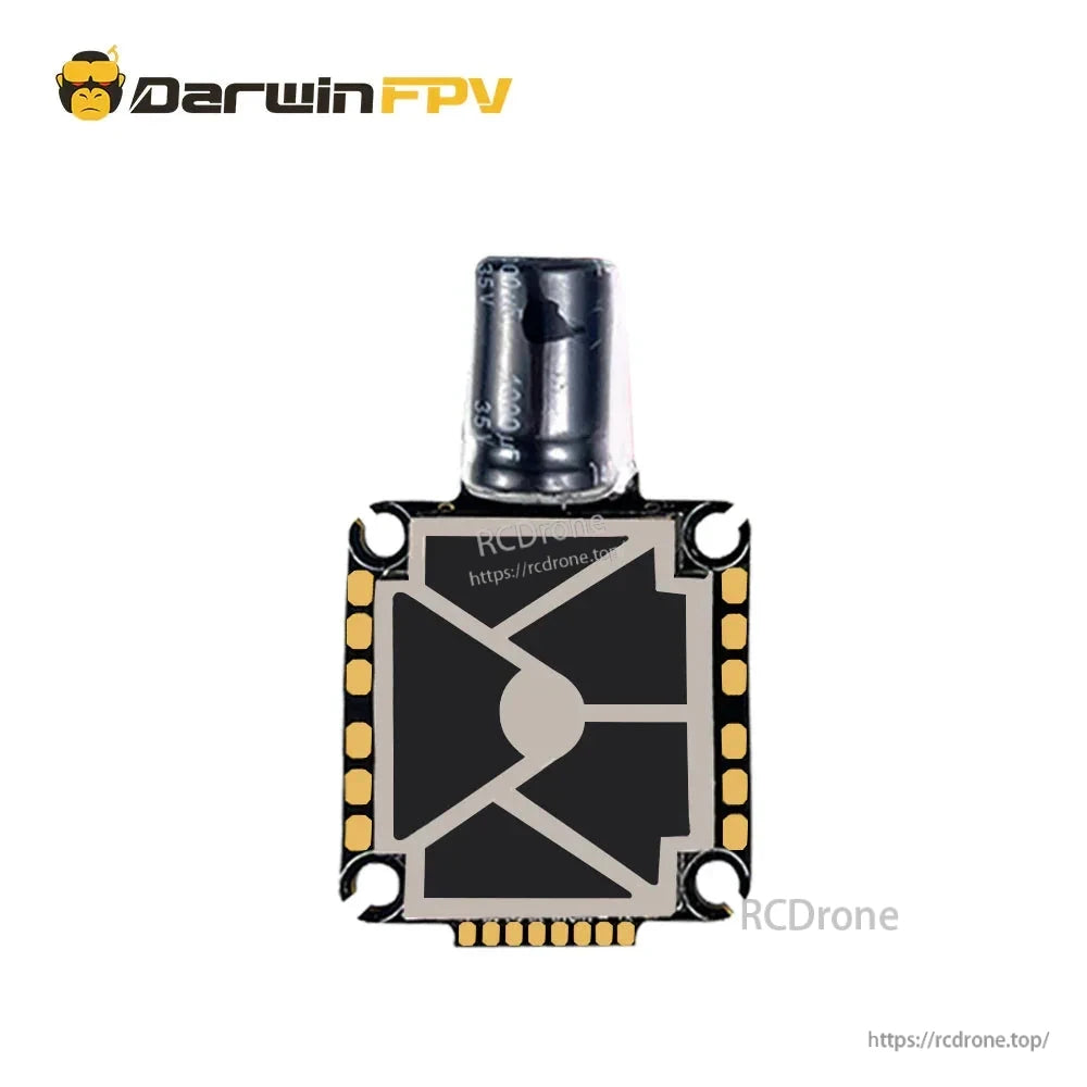 Top view of DarwinFPV Cement waterproof ESC board with solder pads and attached capacitor