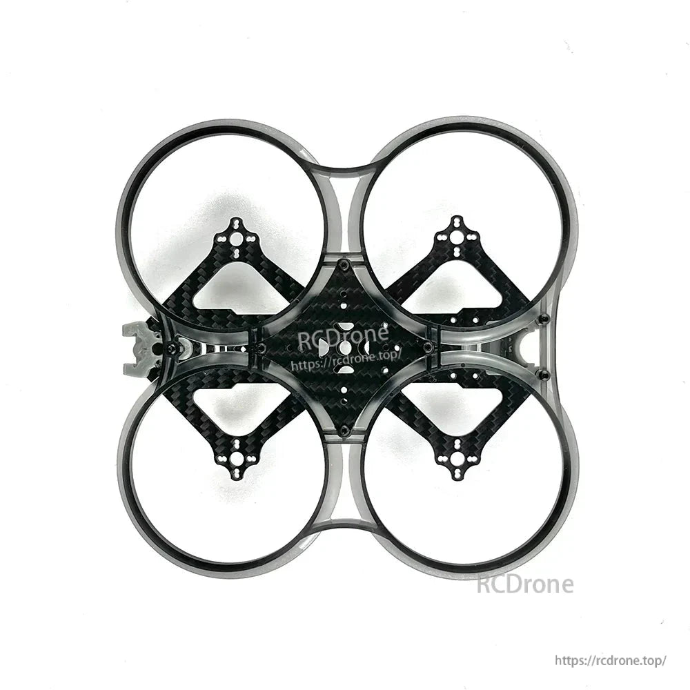 Underside view of the frame showing four duct rings and carbon fiber plate mounting holes