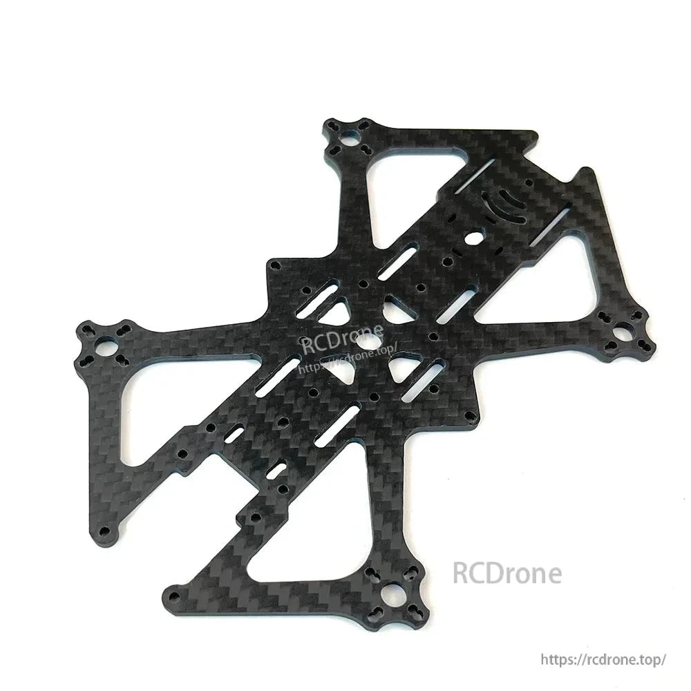 Carbon fiber frame plate only, showing cutouts, slots, and mounting hole pattern