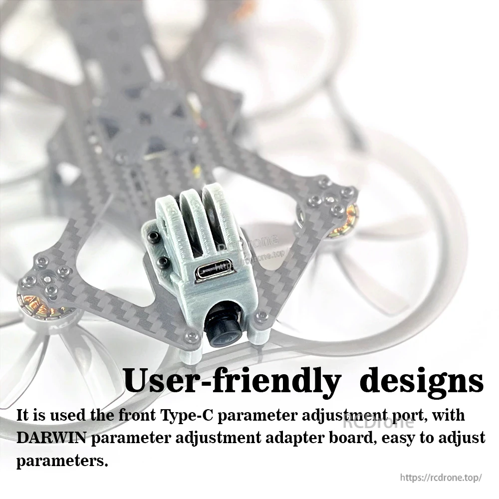 Front Type-C parameter adjustment port area on CineApe 25 frame for easy tuning access