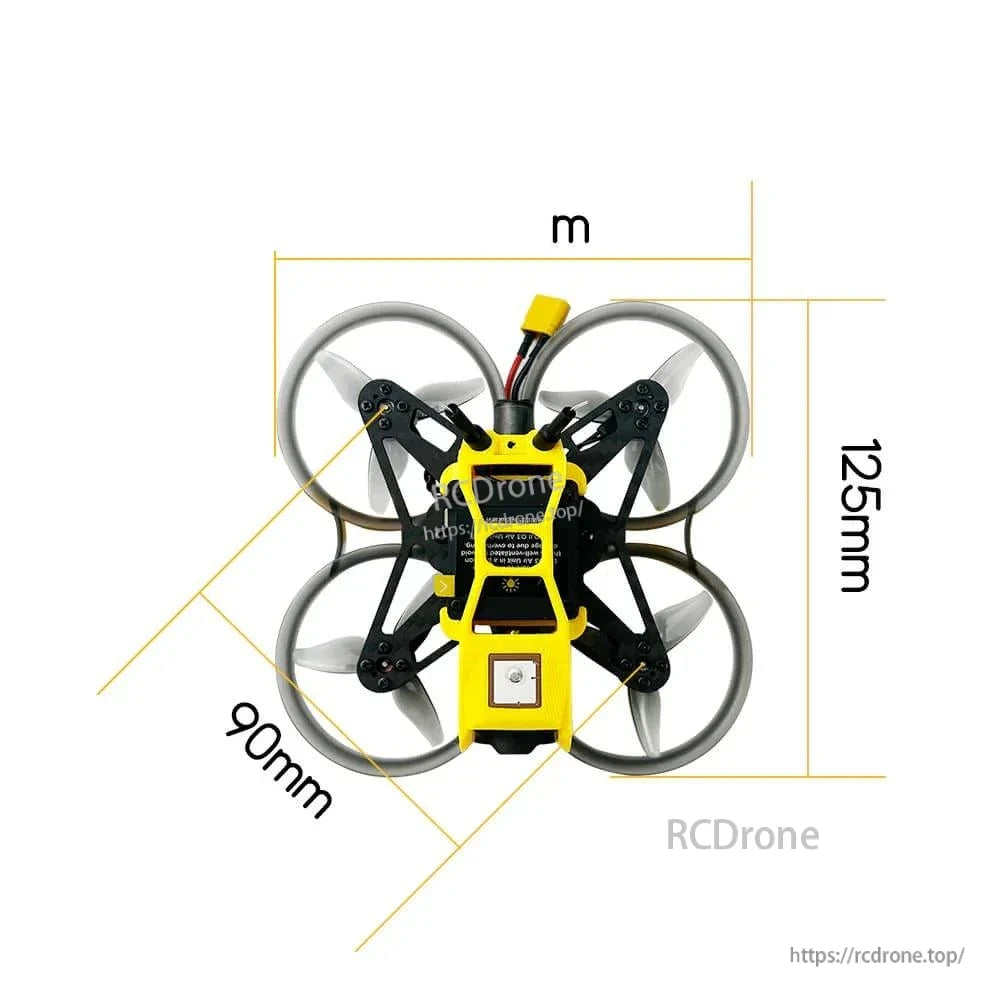 Dimension diagram of ducted whoop drone showing 125 mm and 90 mm measurements