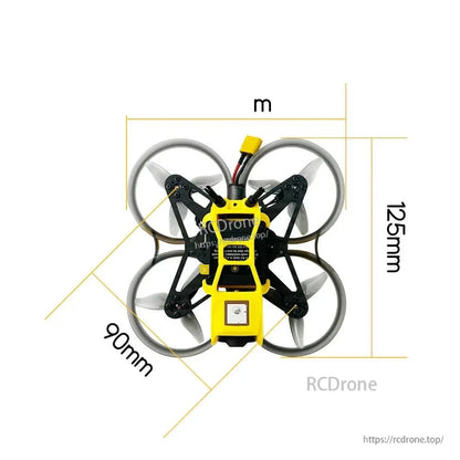 Dimension diagram of ducted whoop drone showing 125 mm and 90 mm measurements
