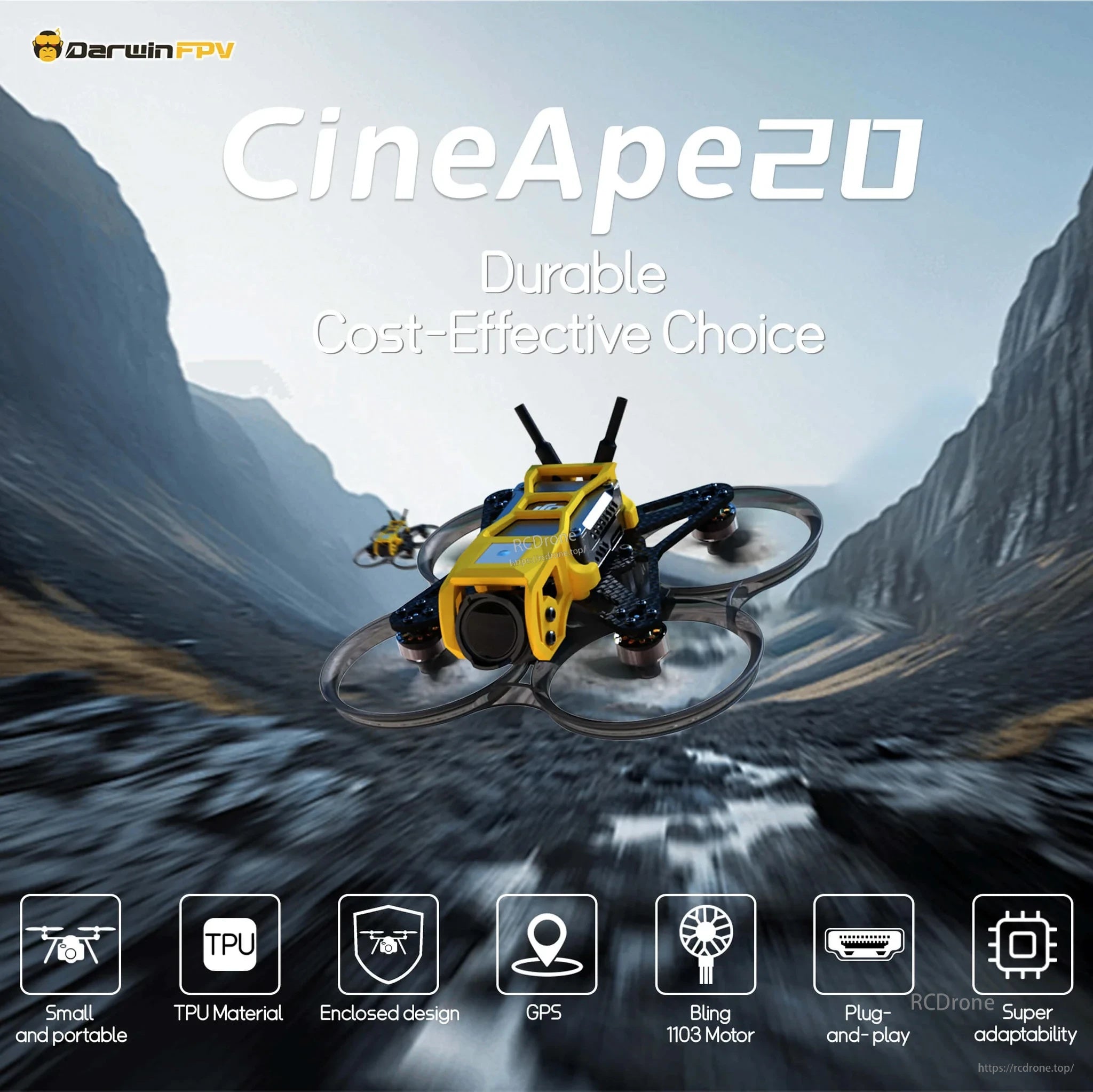 CineApe20 yellow ducted 2-inch whoop drone flying graphic with “Durable” and “Cost-Effective Choice” text
