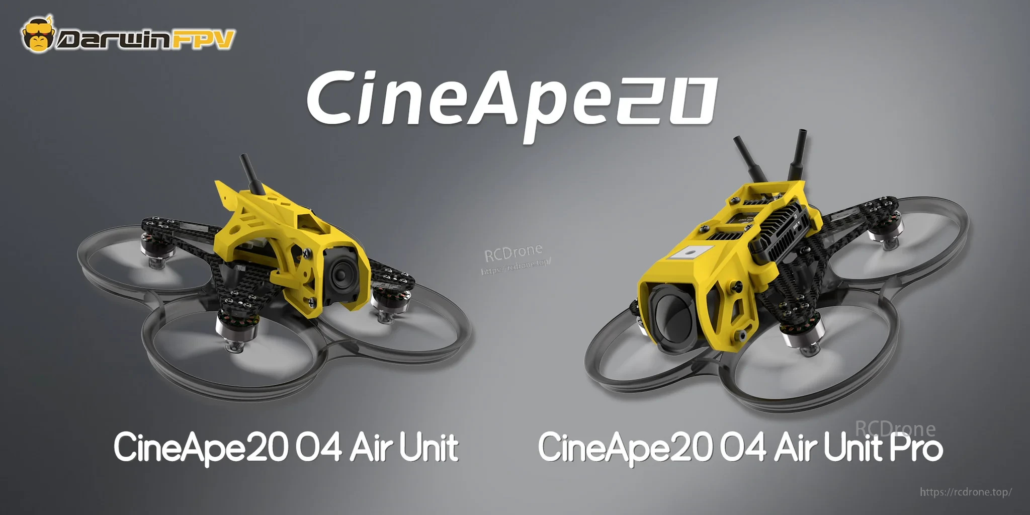 DarwinFPV CineApe20 2-inch whoop FPV drone, O4 Air Unit vs O4 Air Unit Pro versions shown