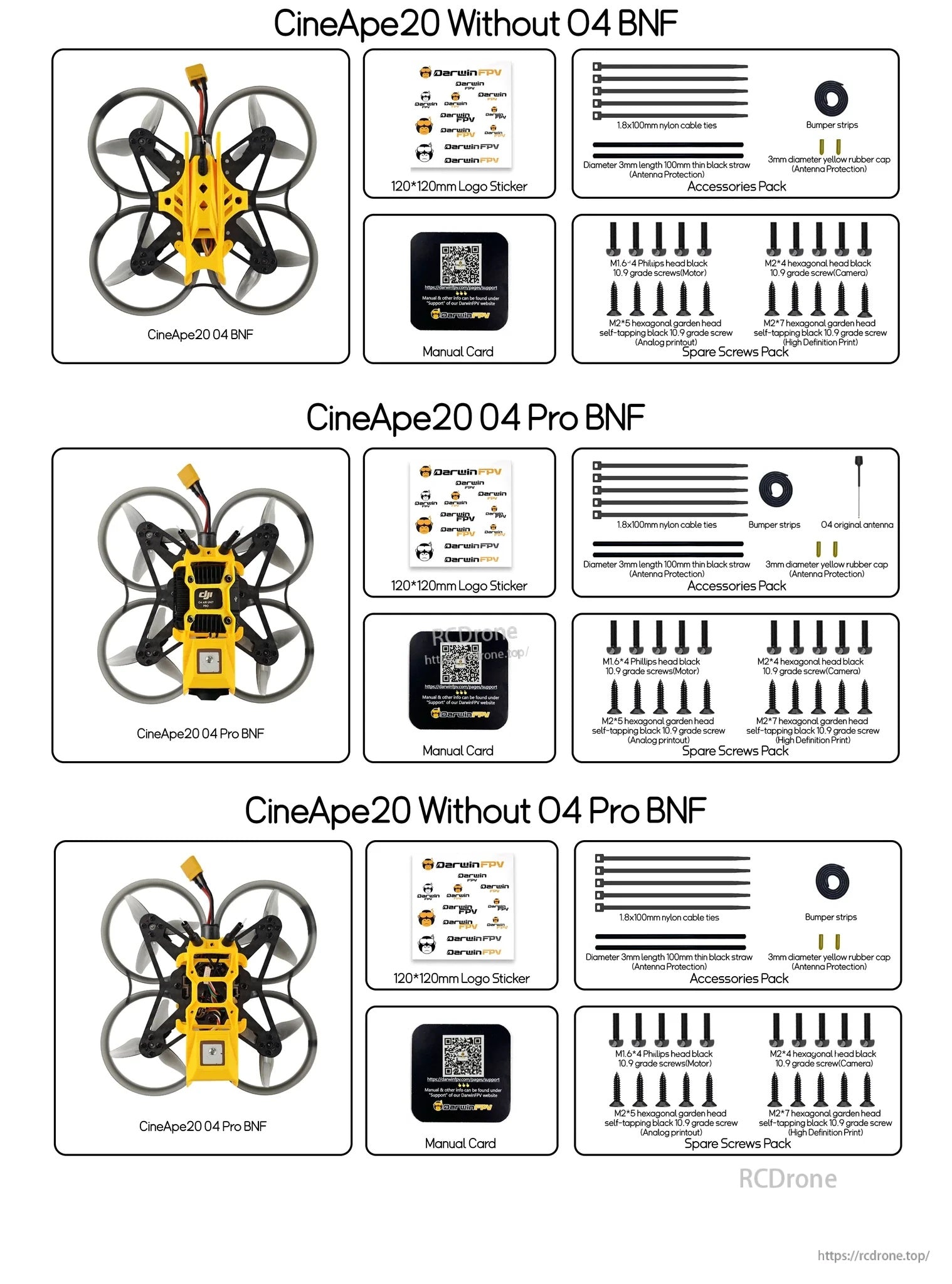 Packing list for CineApe20 O4 BNF and O4 Pro BNF kits, showing included accessories and spare hardware