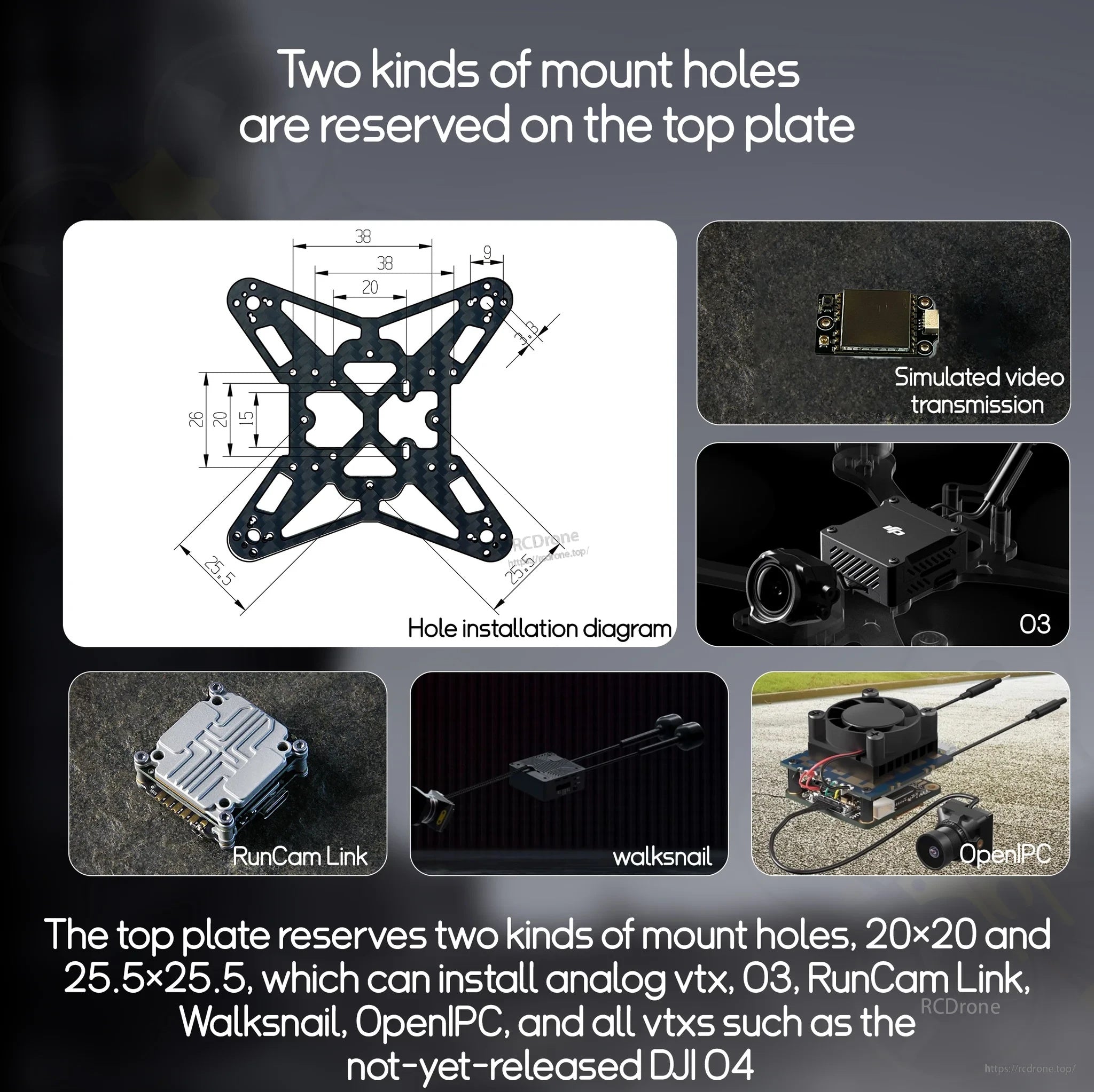 Top plate mounting hole diagram showing 20×20 and 25.5×25.5 patterns for VTX and HD systems