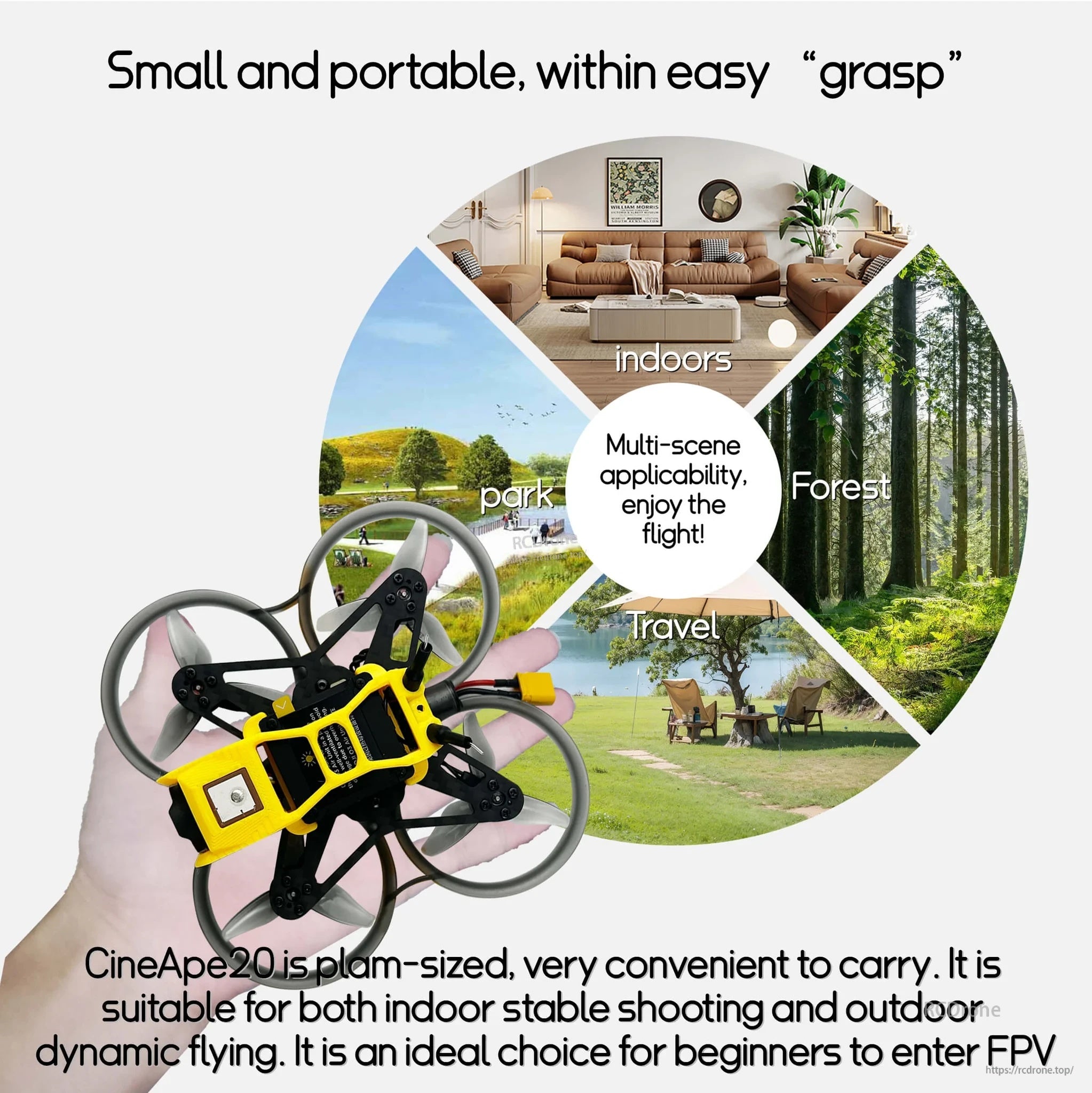 Palm-sized CineApe20 whoop drone in hand with multi-scene icons for indoor, park, forest and travel use