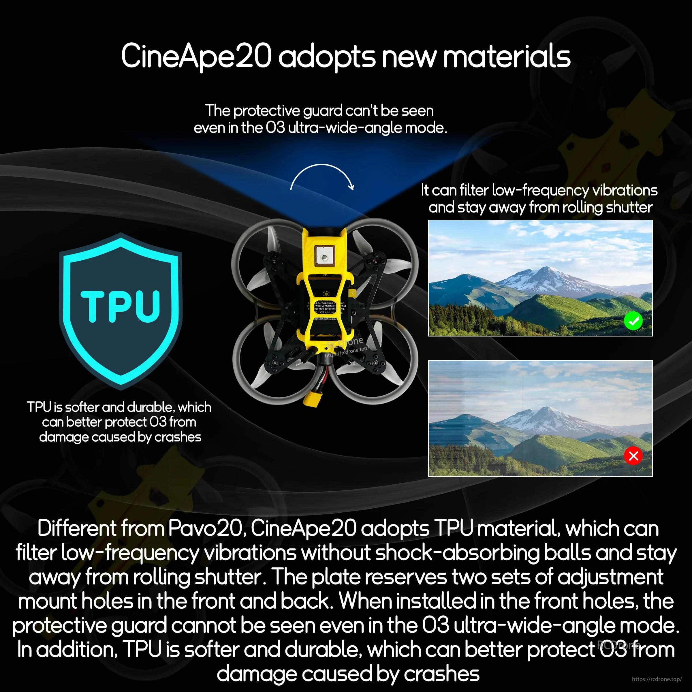 TPU bracket highlight for vibration filtering and reduced rolling shutter, with note about O3 ultra-wide view