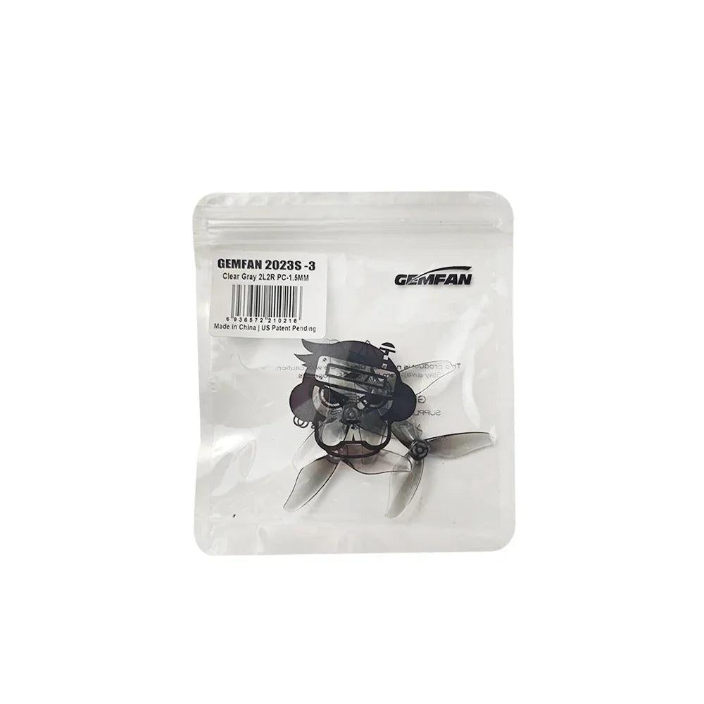 Gemfan 2023S-3 propeller pack, clear gray, label with barcode and 2L2R PC-1.5mm