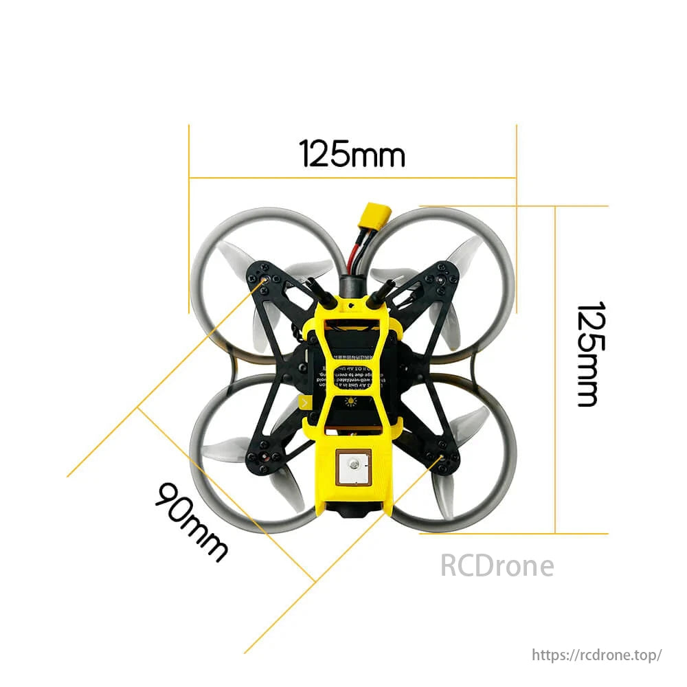 DarwinFPV CineApe20, a 2-inch FPV drone with DJI O4/O4 Pro, GPS, 1103 motors, measures 125mm x 90mm.